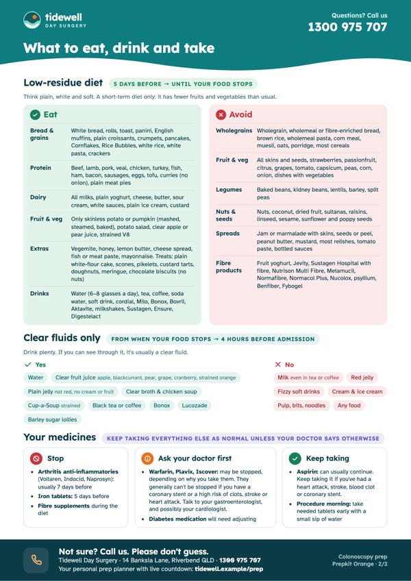 Example guide, page two: what to eat and avoid, clear fluids, and medicines.